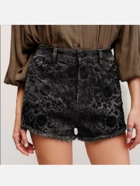 Free People Etienne Fields black embroidered high-rise denim cut-off Shorts